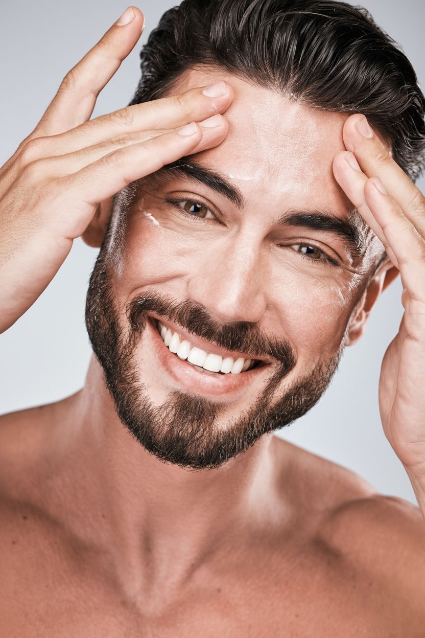 Man applying facial cream, smiling with hands on his forehead, against a light gray background.