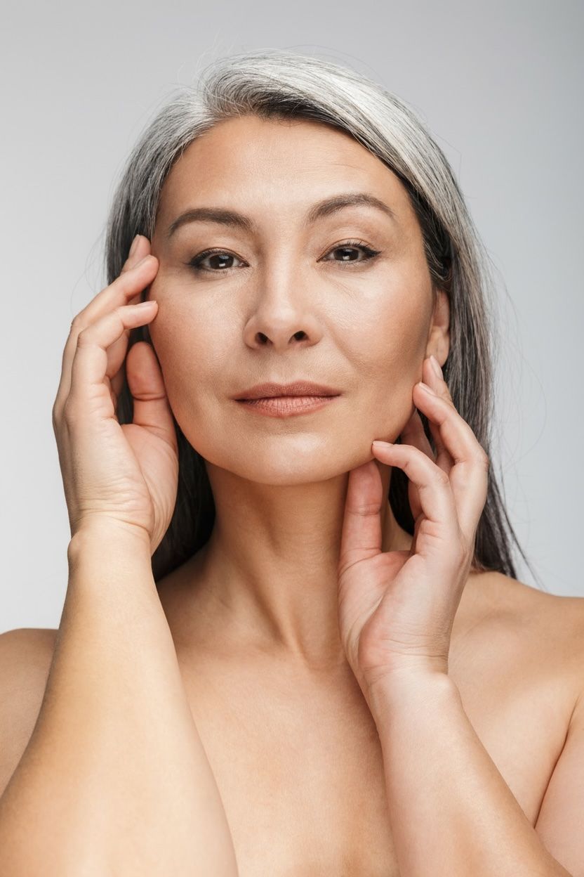 Woman with grey hair, hands gently touching her face, soft lighting.