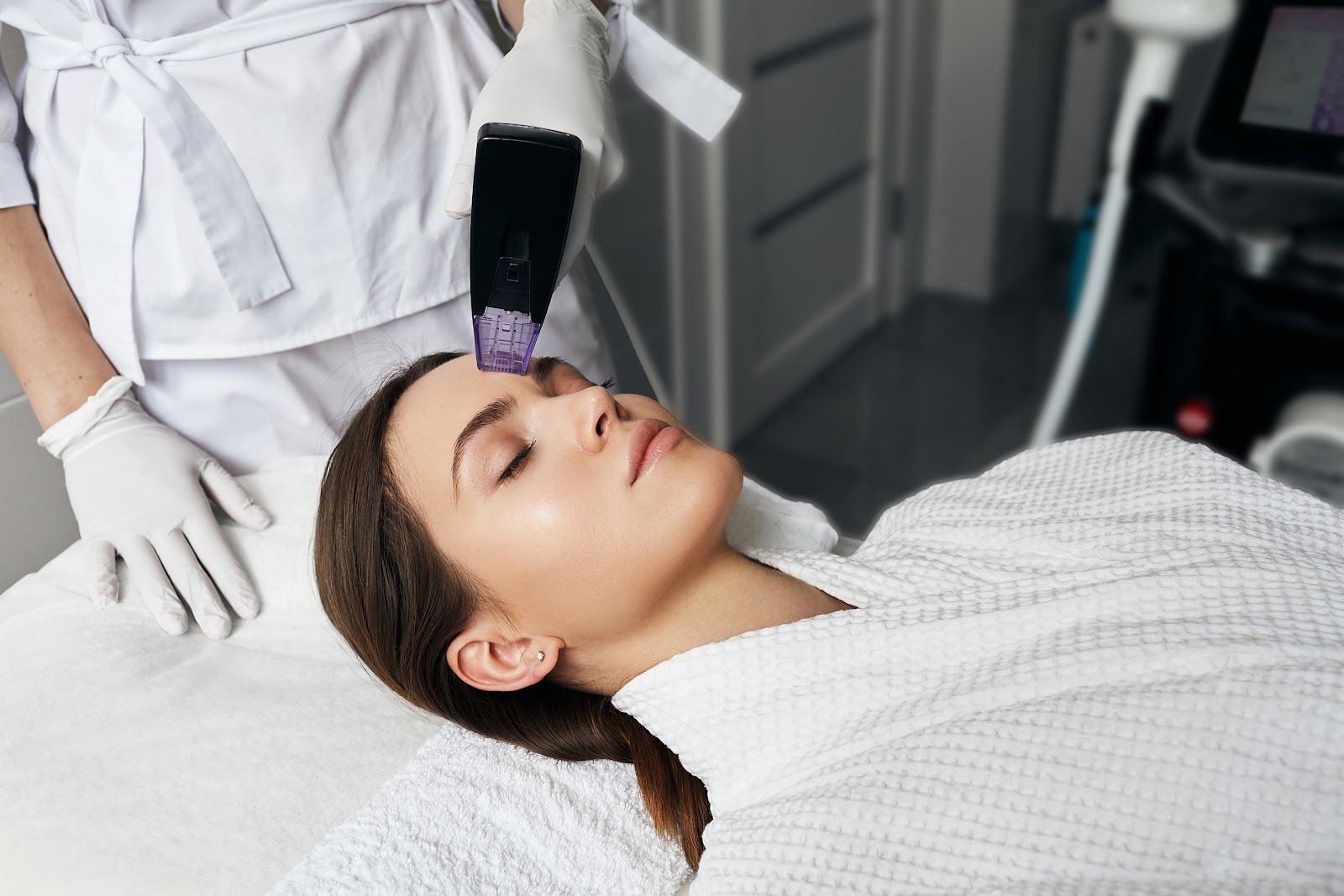 Woman receiving facial laser treatment in a spa, lying on a bed with a device on her forehead.