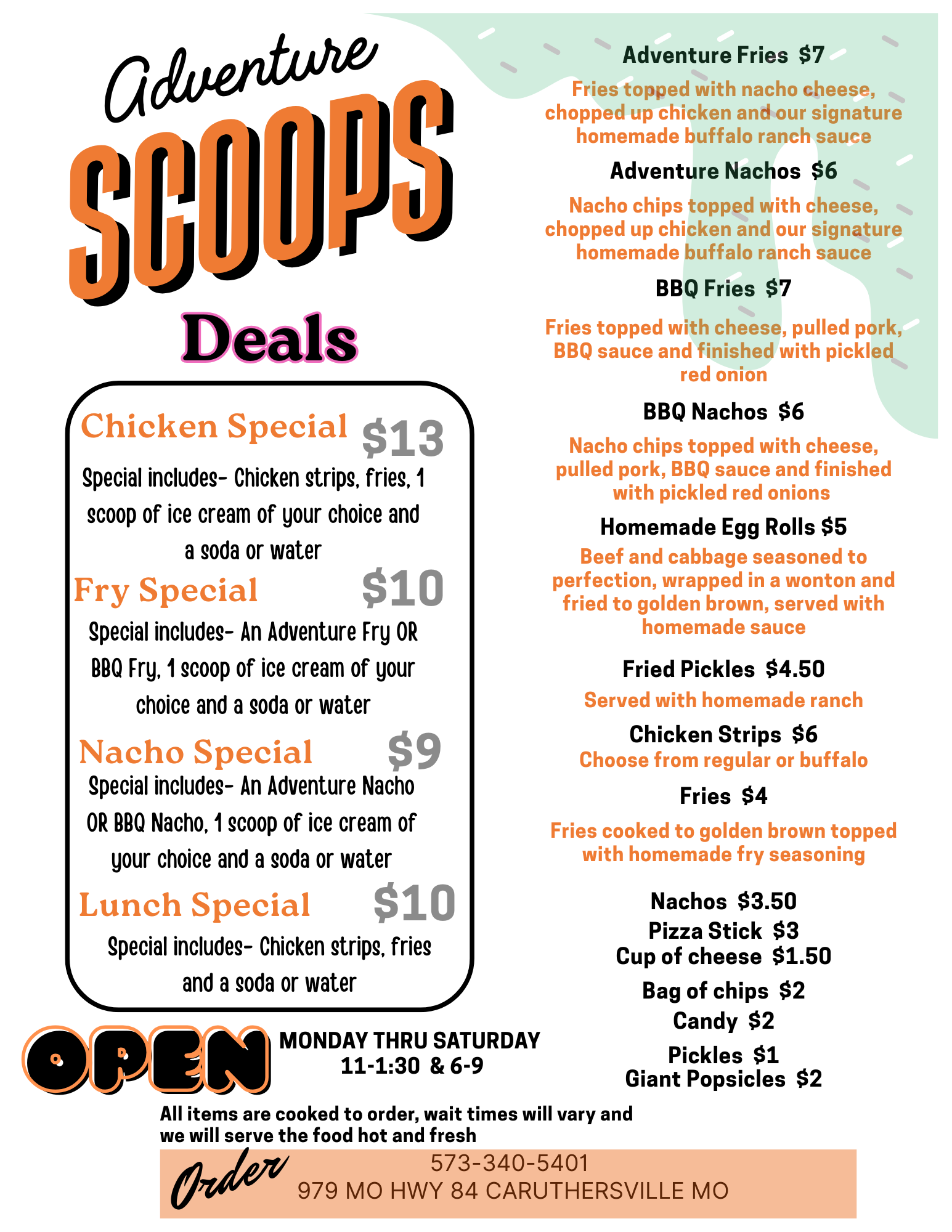 A menu for adventure scoops ice cream and milkshakes.