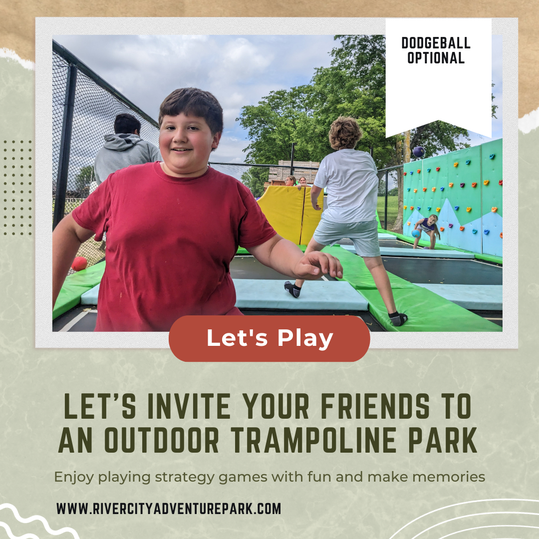 An advertisement for an outdoor trampoline park