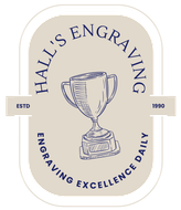 Logo for Hall's Engraving: a trophy illustration, surrounded by text 