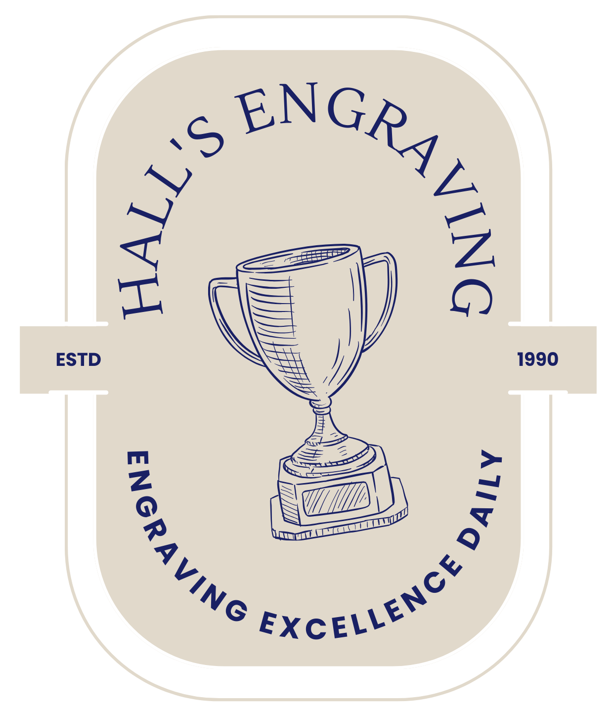 Logo for Hall's Engraving: a trophy illustration, surrounded by text 