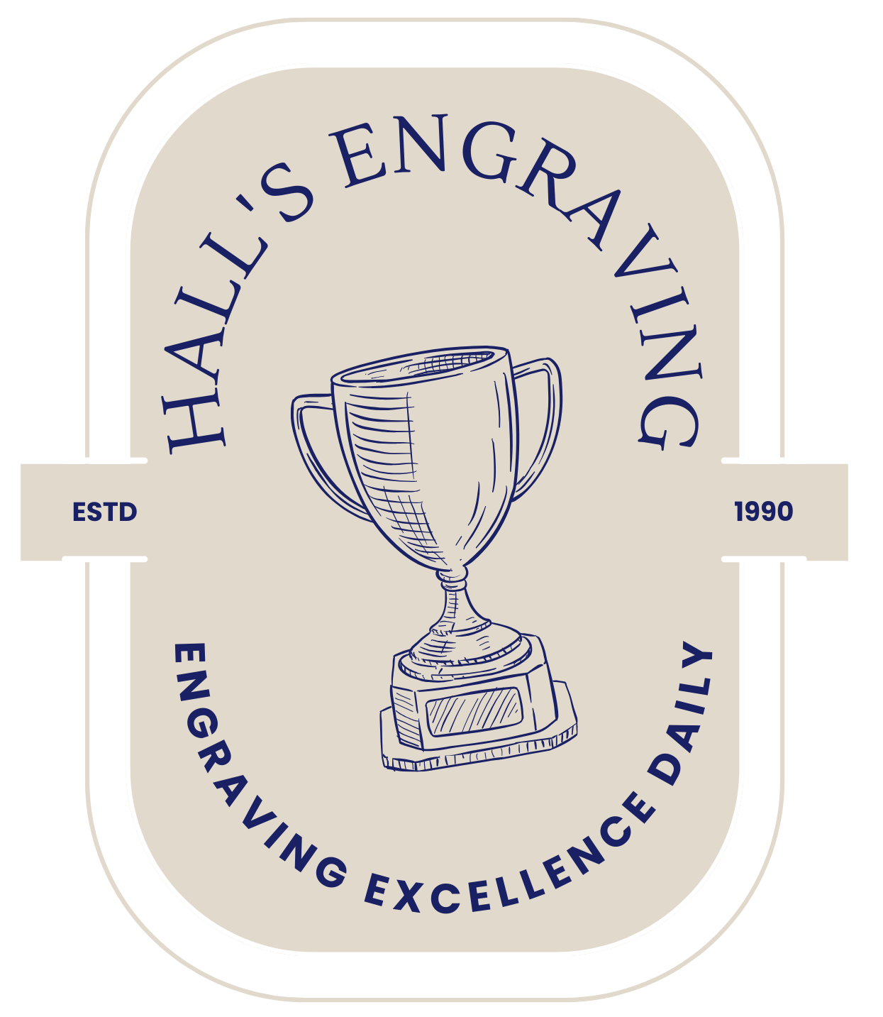 Logo for Hall's Engraving: cream-colored badge with a trophy illustration and navy blue text. 