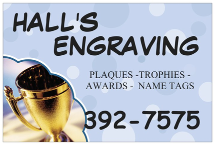 Logo for Hall's Engraving: cream-colored badge with a trophy illustration and navy blue text.