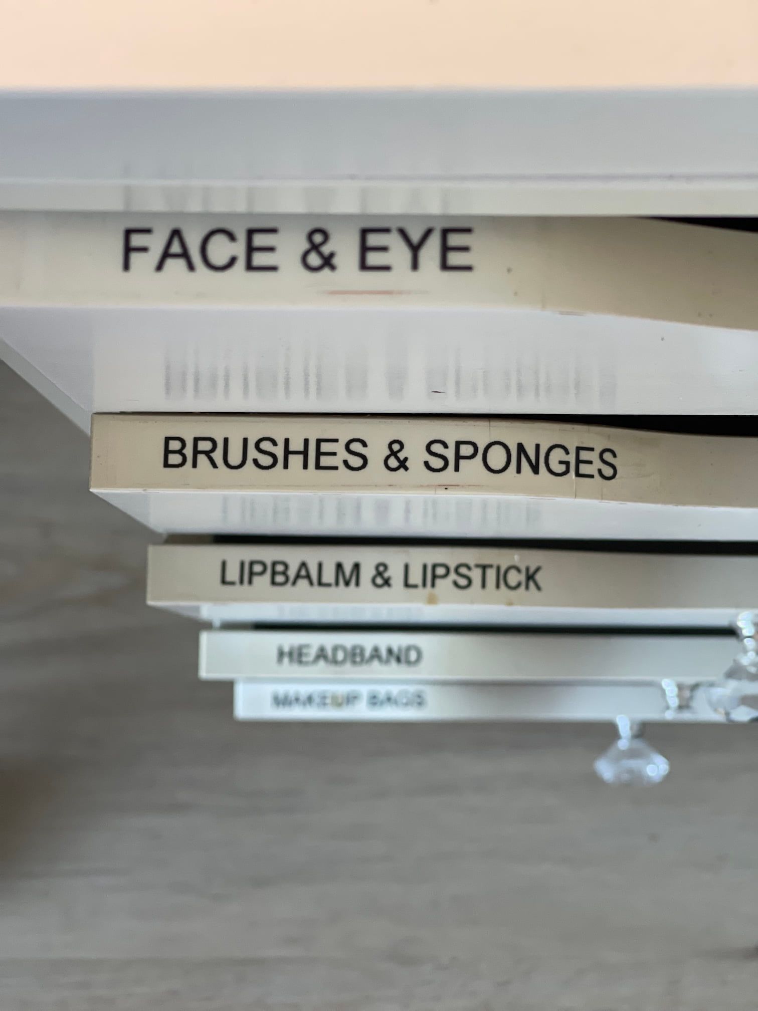 Labels for makeup organisation in a drawer: