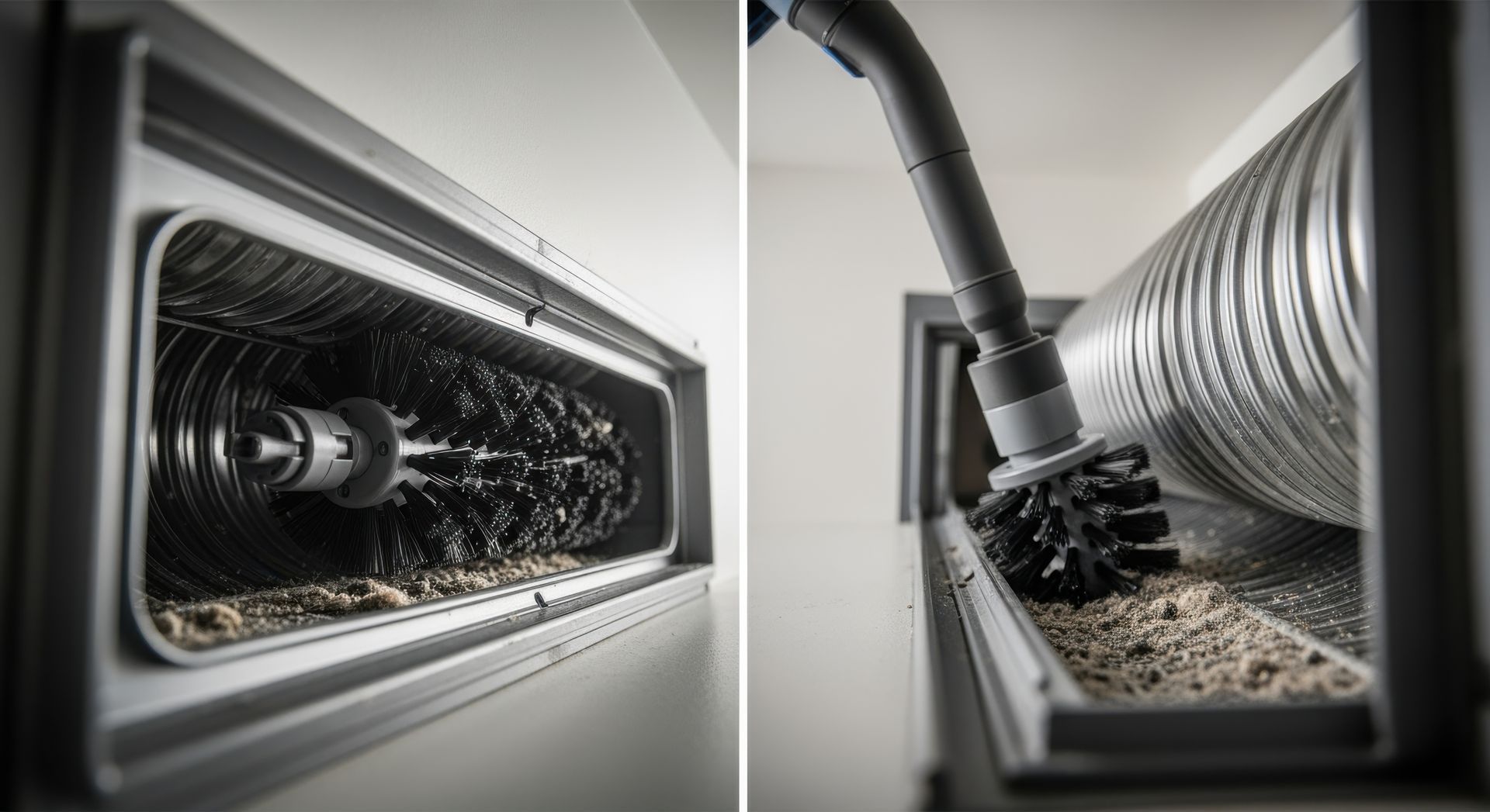 Close-up of a specialized brush head scrubbing debris inside a duct for dryer vent cleaning. Close-up of a specialized brush head scrubbing debris inside a duct for dryer vent cleaning.