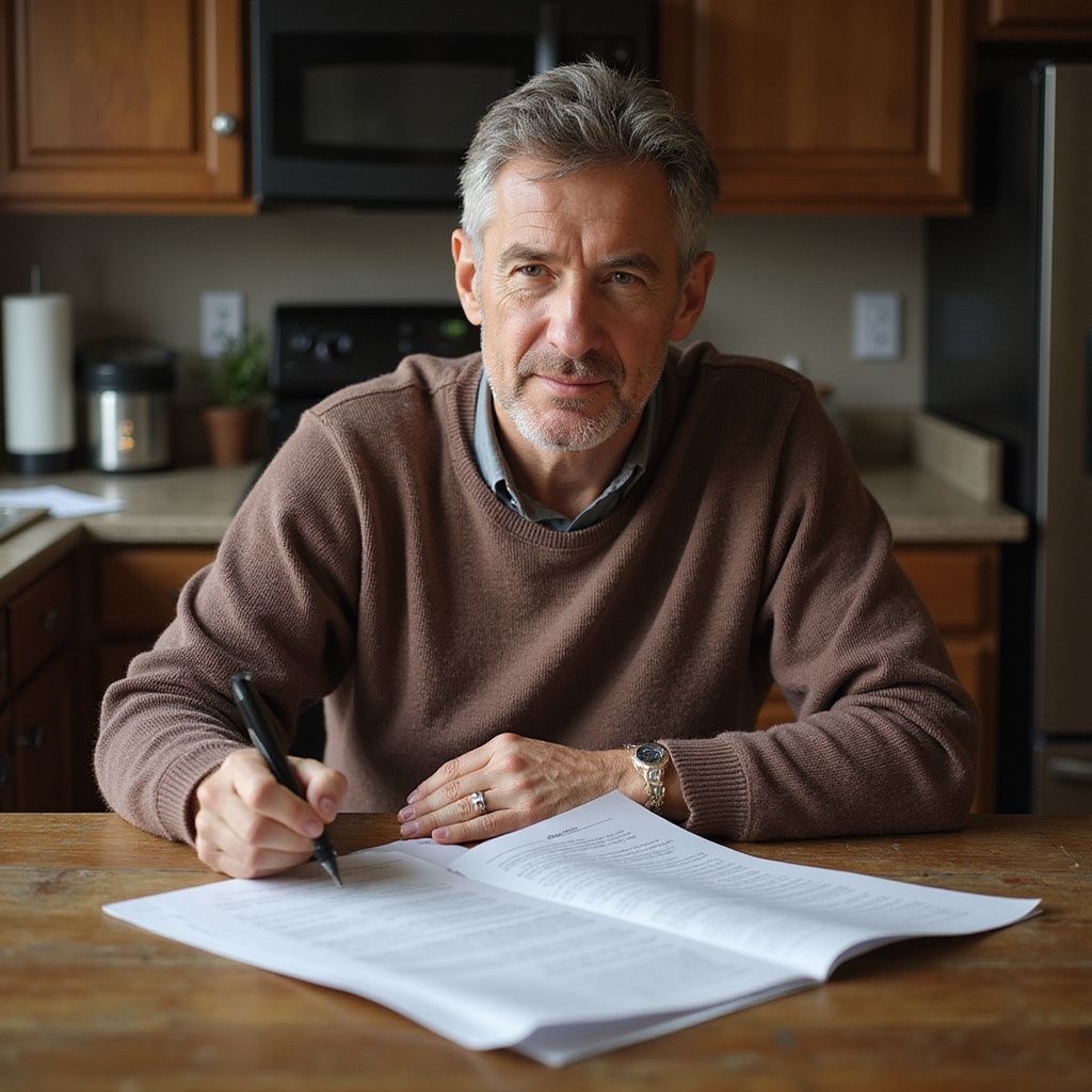 Man with gray hair writing at a table in a kitchen. He wears a brown sweater and looks at the camera.