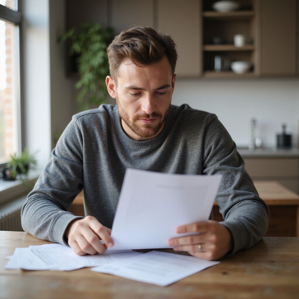 Man reviews papers at a wooden table in a well-lit kitchen.