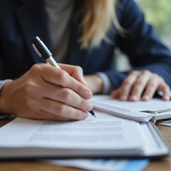 Person writing with a pen on a document, likely signing a contract or form.