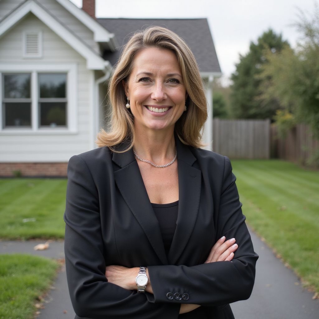 Woman in a black blazer smiles with arms crossed, in front of a house.
