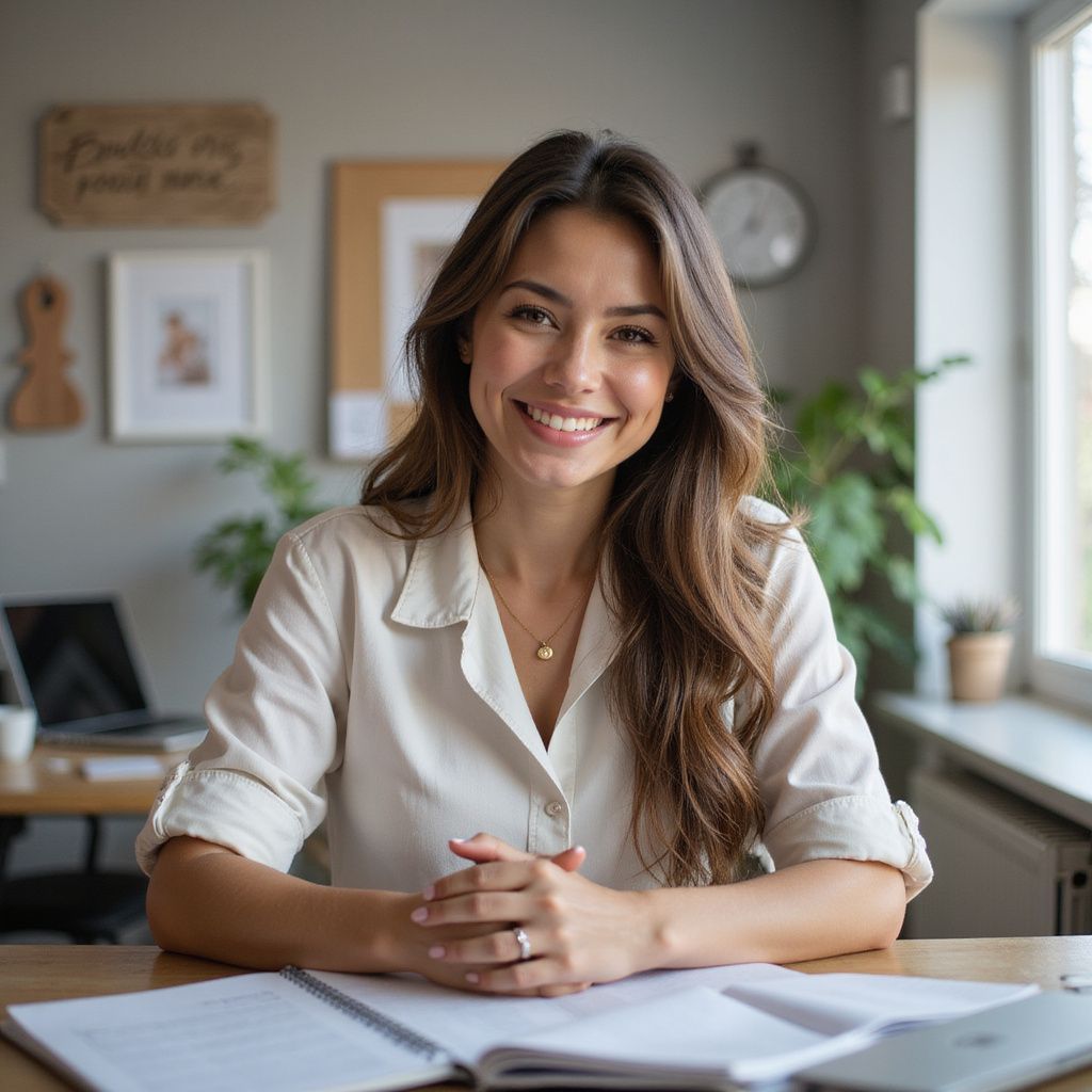 Woman with long brown hair smiles at desk. Neutral-toned office setting with books and laptop visible.