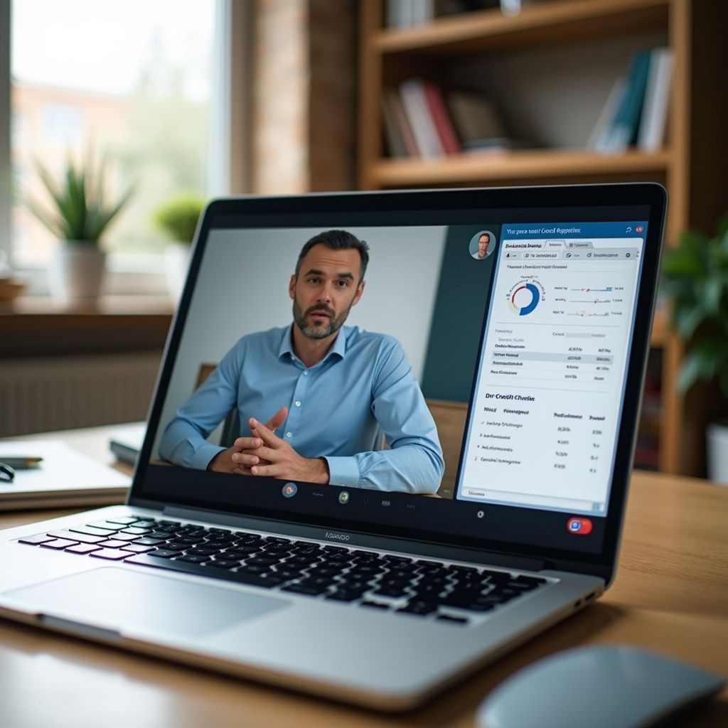 Laptop displays a video call with a man; data analysis charts visible on screen. Wooden desk, bookshelf in background.