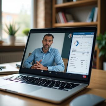 Laptop displays a video call with a man; data analysis charts visible on screen. Wooden desk, bookshelf in background.
