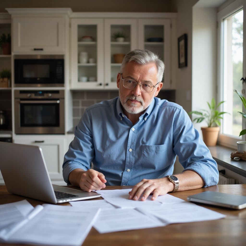 Man sitting at a table with papers and laptop, looking at the camera. Kitchen background.