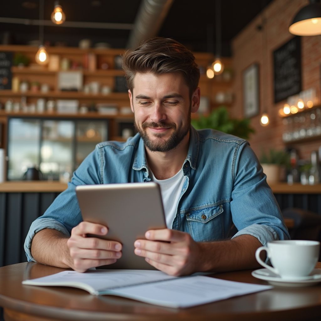 Man smiling, looking at tablet in coffee shop; cup and papers on table.