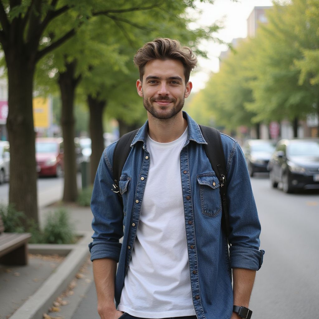 Man smiling, wearing denim jacket, backpack, white shirt, standing on sidewalk lined with trees, cars in background.