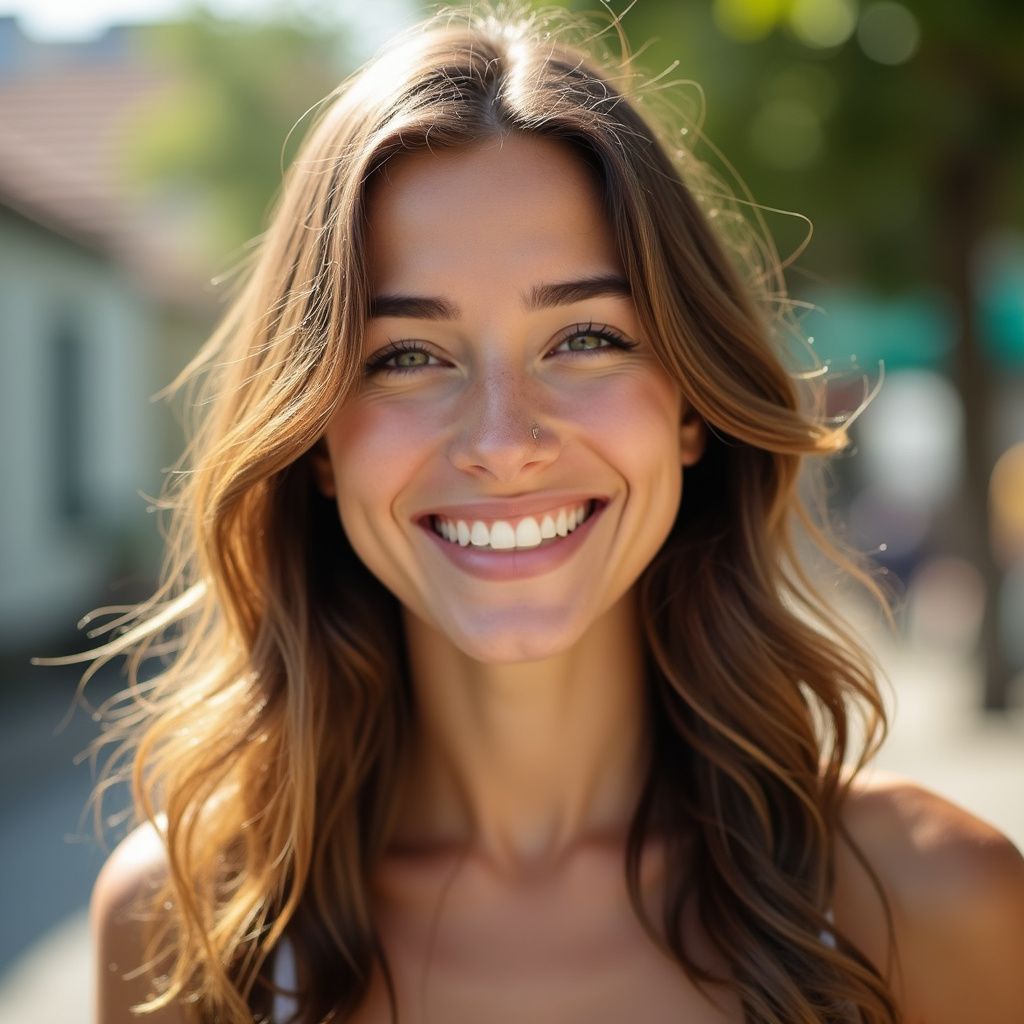 Woman with long brown hair smiles widely outdoors; soft focus background.