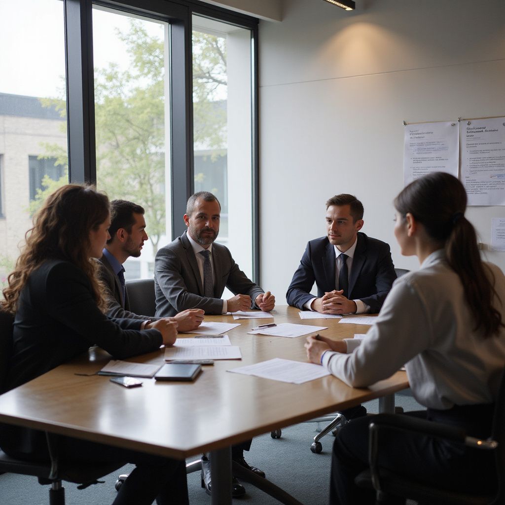 Business team in a meeting around a table, documents and a phone are present, in an office.