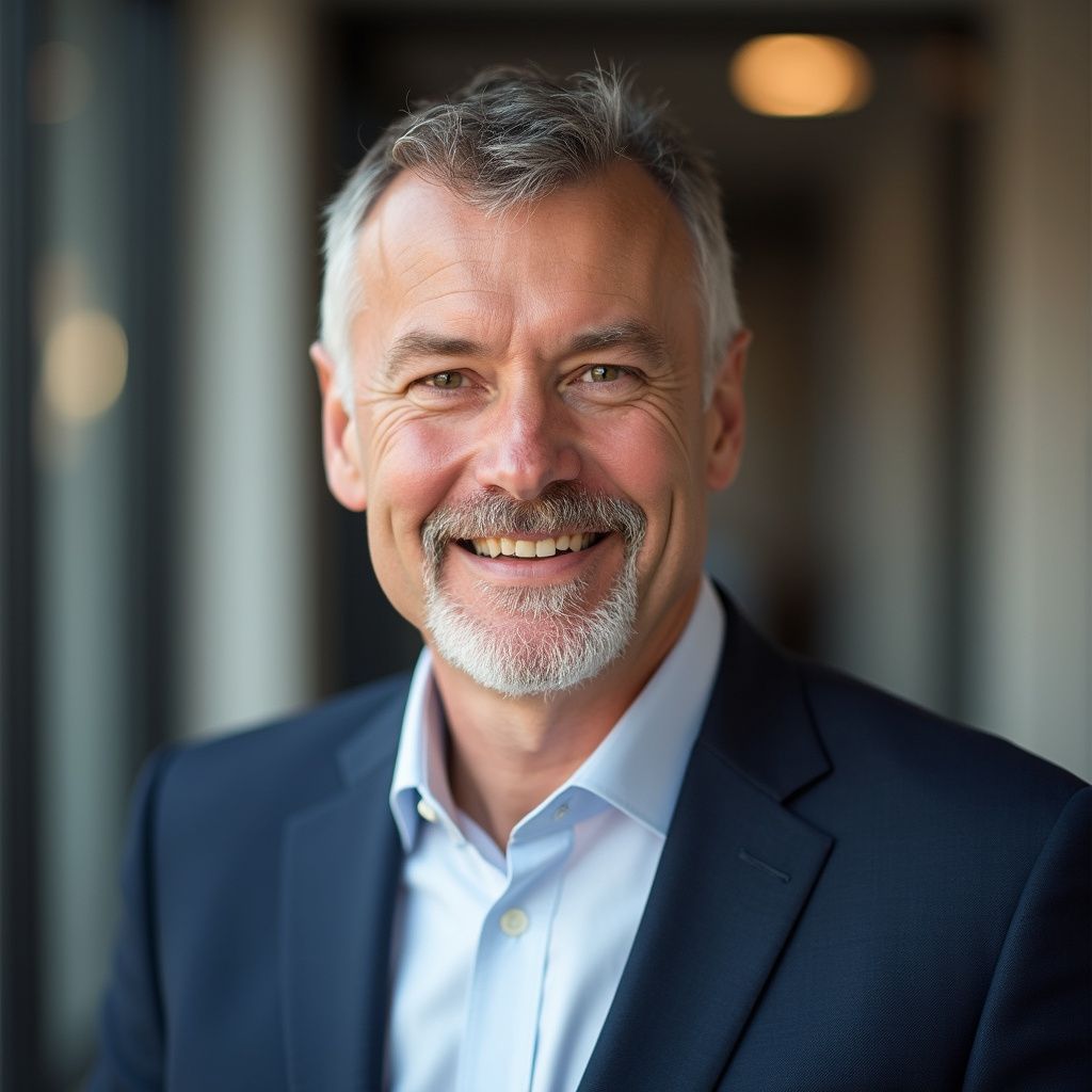 Man with gray hair and beard smiles, wearing a navy blazer and light blue shirt.