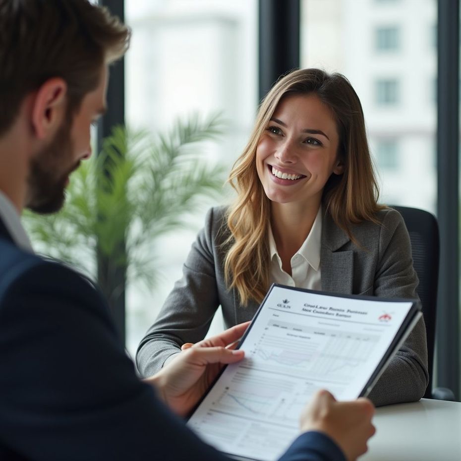 Woman smiling at man holding paperwork in an office setting.