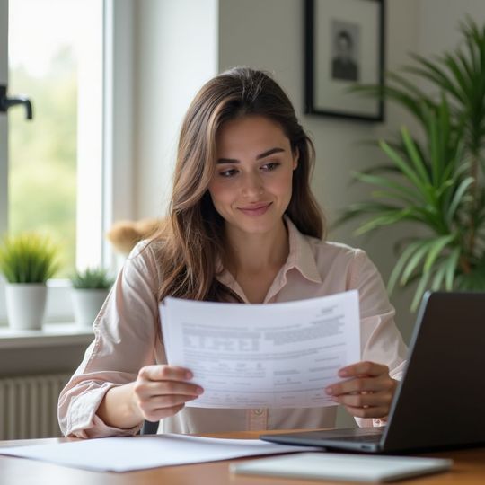 Woman looking at a document while working on a laptop at a desk near a window.