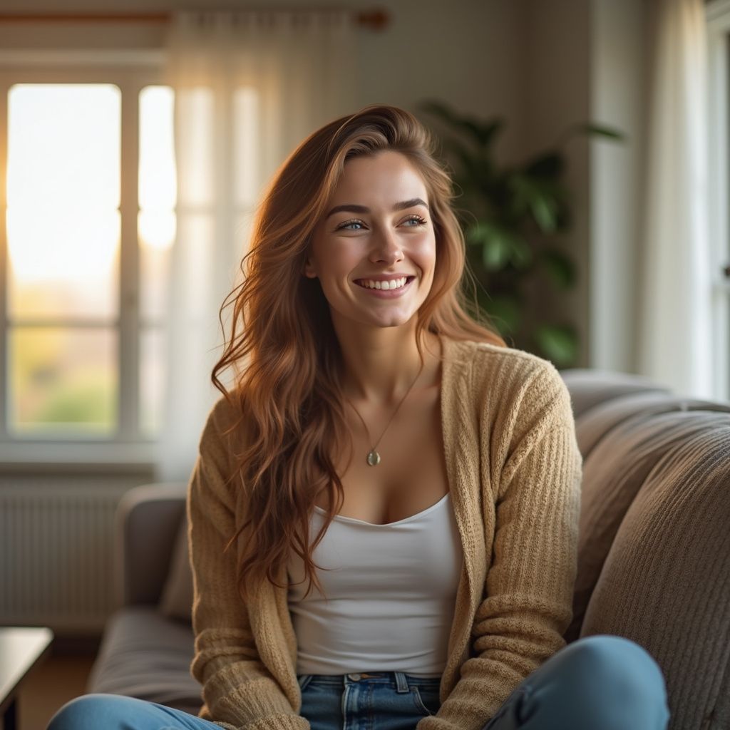 Woman smiles, seated on a couch indoors, wearing a white top, cardigan, and jeans. Warm lighting.