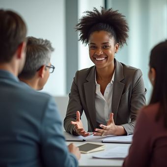 Woman in a blazer smiles and gestures at a meeting table with colleagues.