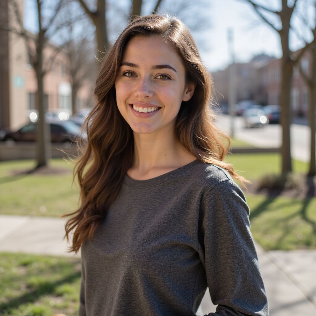 Woman with long brown hair smiles outdoors in front of a building.
