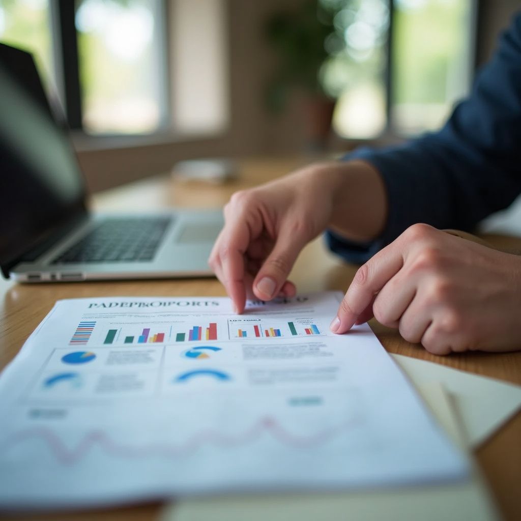 Person pointing at financial reports with a laptop in the background.