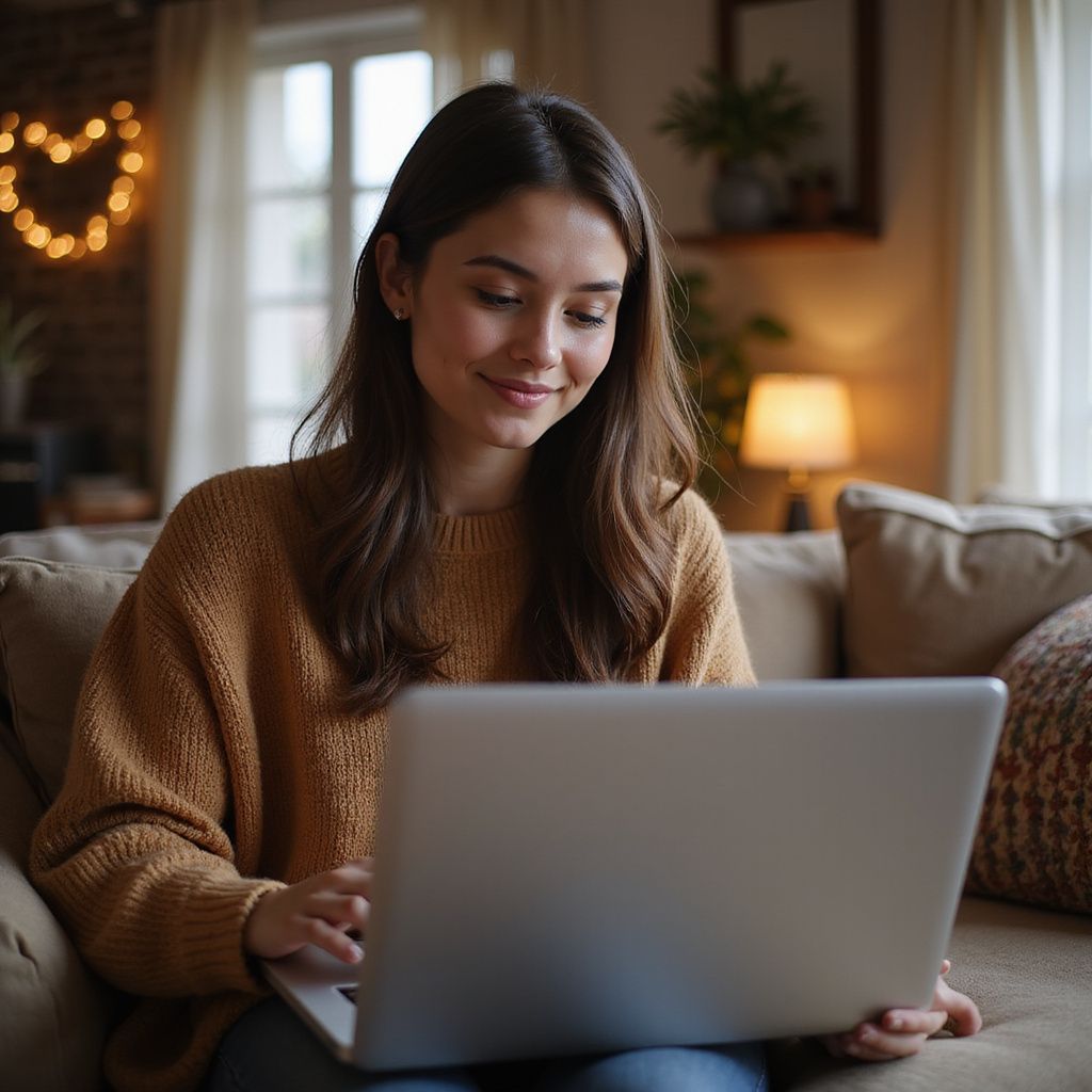 Woman on a sofa looking at a laptop, smiling.  Warm-lit room, cozy atmosphere.