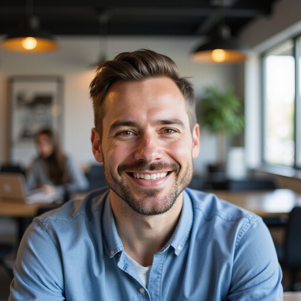 Man smiling at camera, wearing a blue shirt in an office setting, warm lighting.