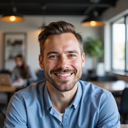 Man smiling at camera, wearing a blue shirt in an office setting, warm lighting.