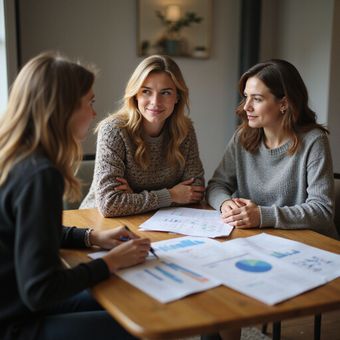 Three women at a table reviewing papers with charts and graphs; indoors.