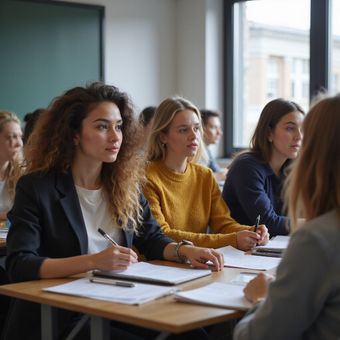 Students in a classroom, taking notes at their desks. Sunlight streams in from a window.