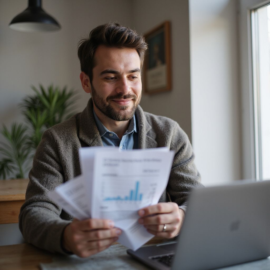 Man reviewing papers with graphs, smiling, and using a laptop at a table, indoors.