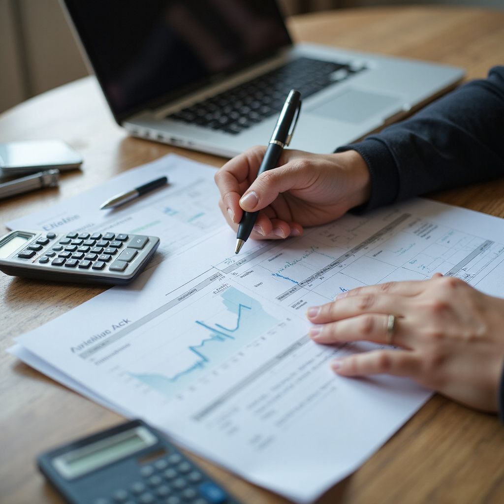 Person analyzing financial data with a pen, laptop, and calculator on a wooden desk.