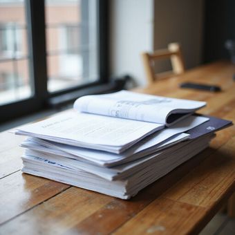 Stack of papers and a binder on a wooden table, next to a window.