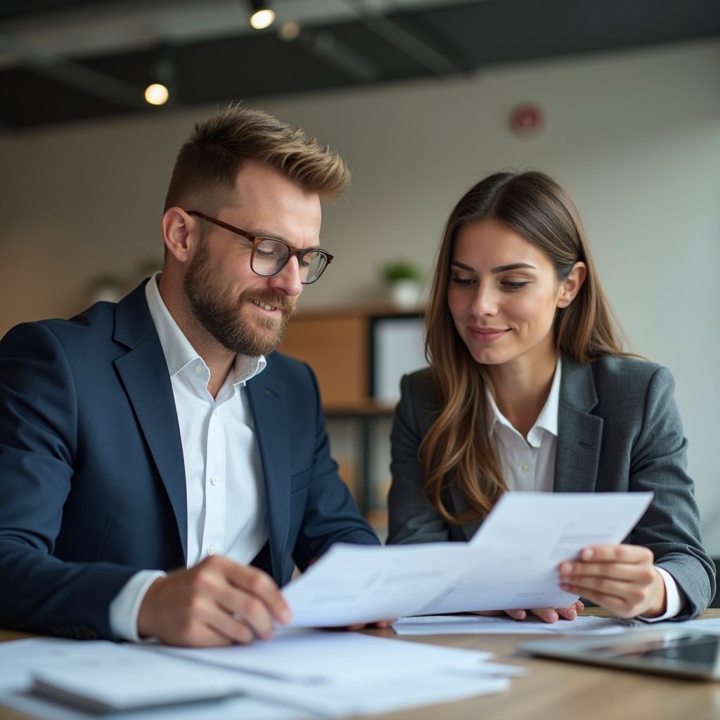 Man and woman in business attire reviewing documents at a desk, smiling.