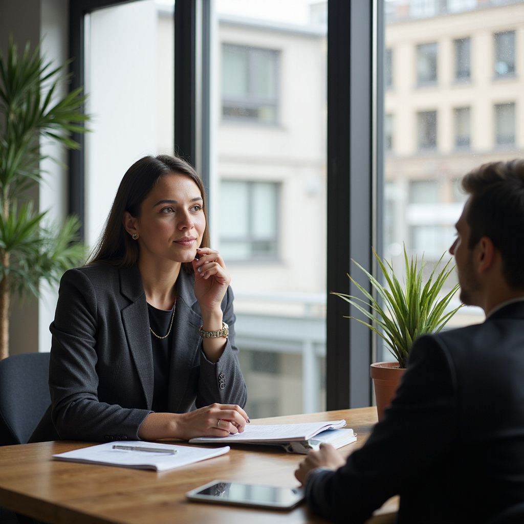 Woman in business suit interviews man, papers on table, window view.