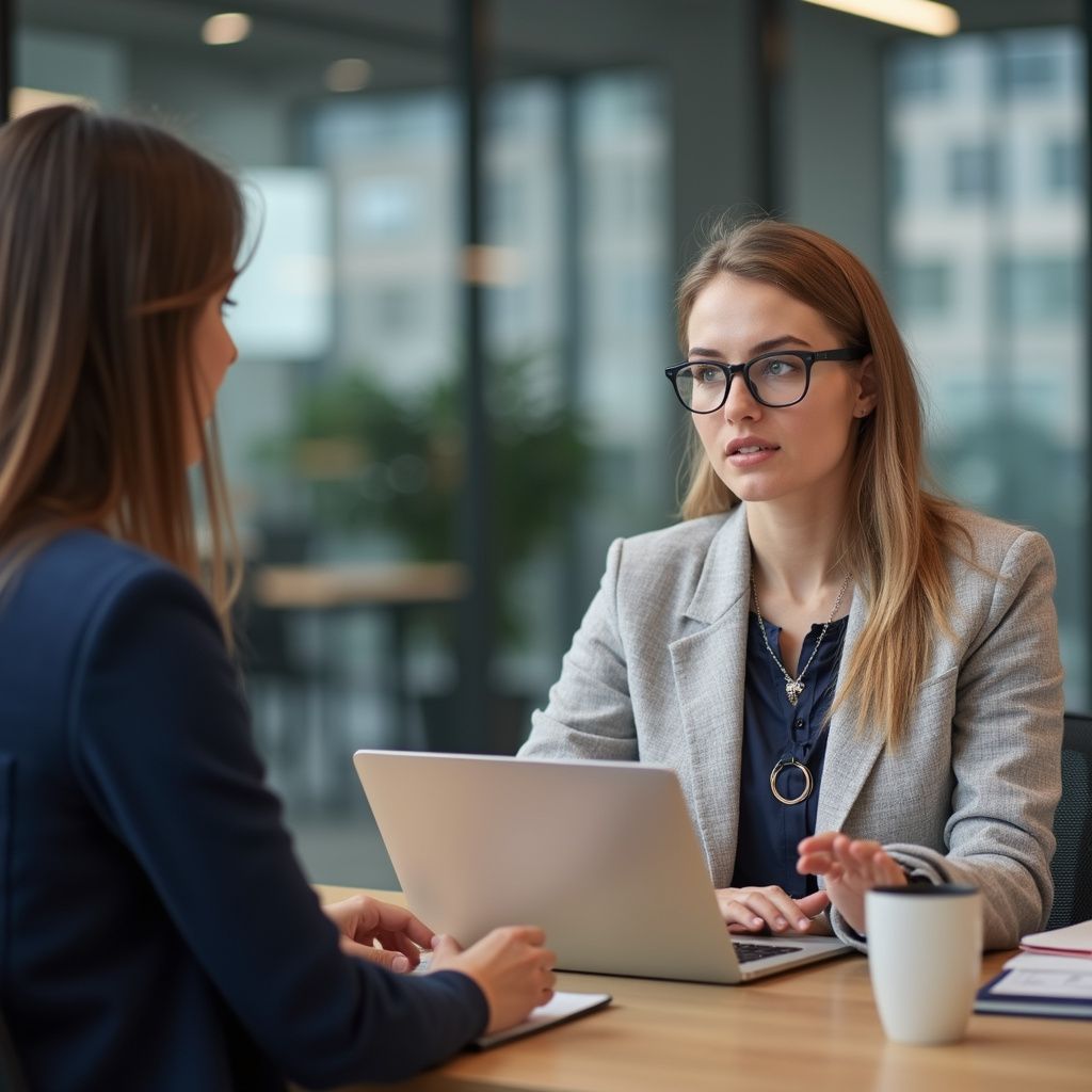 Two women at a desk; one wearing glasses speaks while the other listens, laptop in front of them.