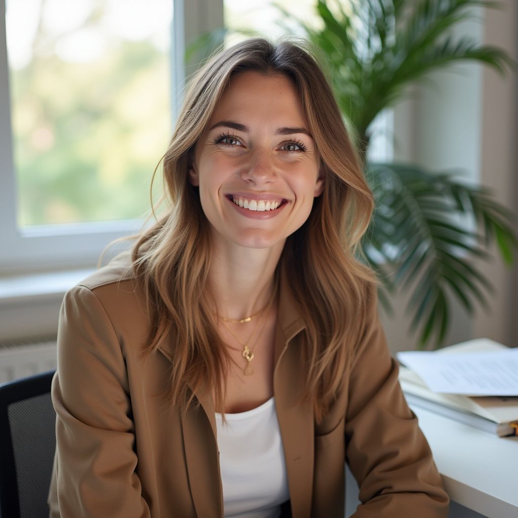 Woman in a tan blazer smiling at camera, sitting at desk near window.