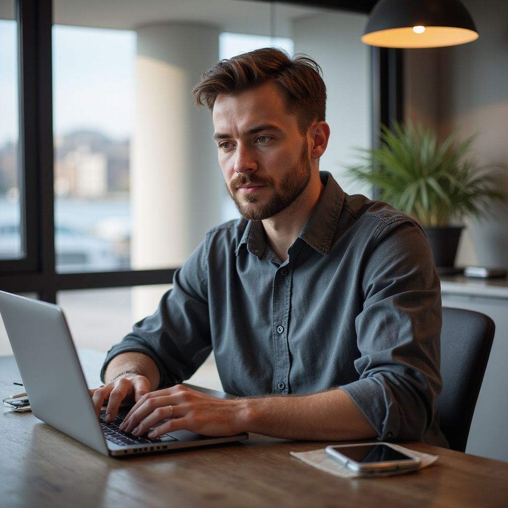 Man with beard in gray shirt types on laptop at a desk, looking focused.