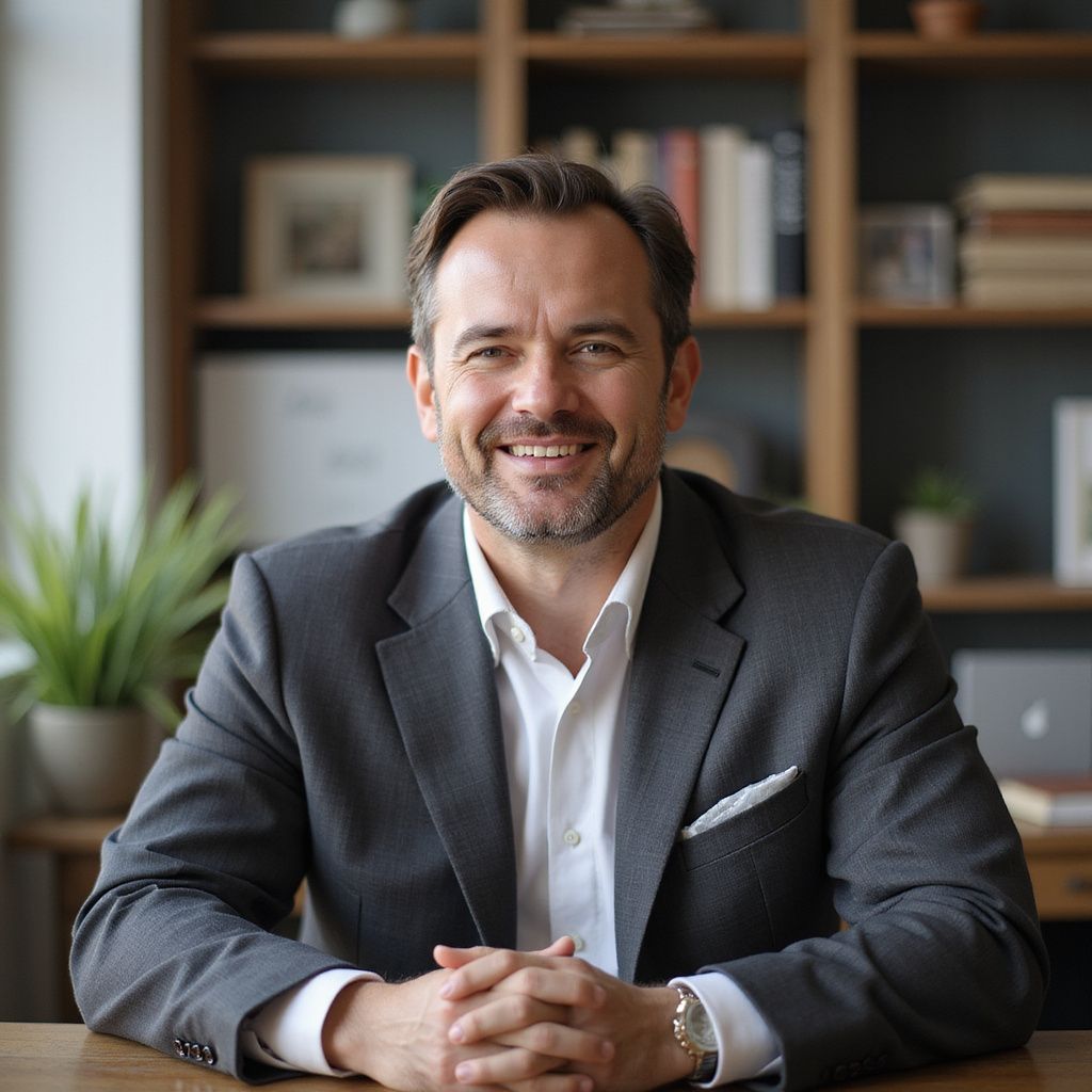 Man in gray suit smiles, hands clasped, at desk; bookshelf background.