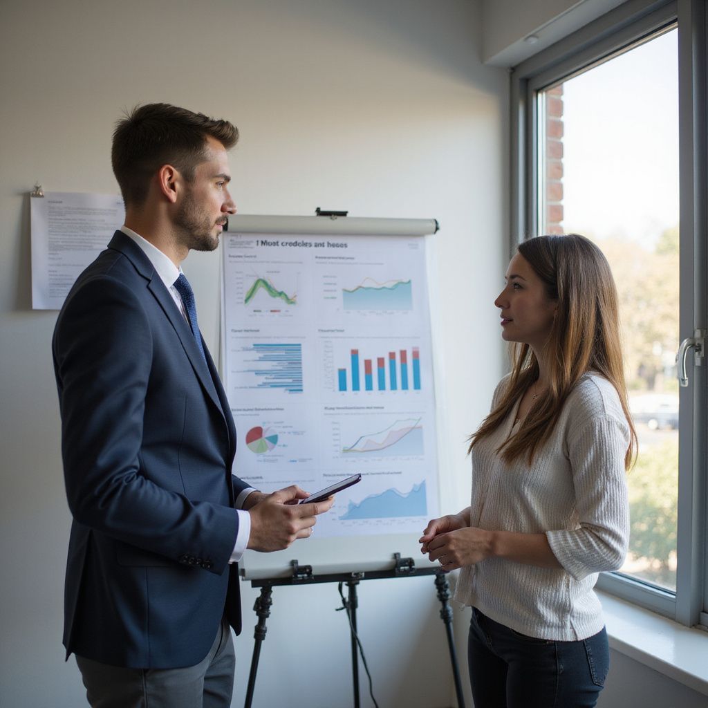 Man presenting charts on easel to a woman, near a window.