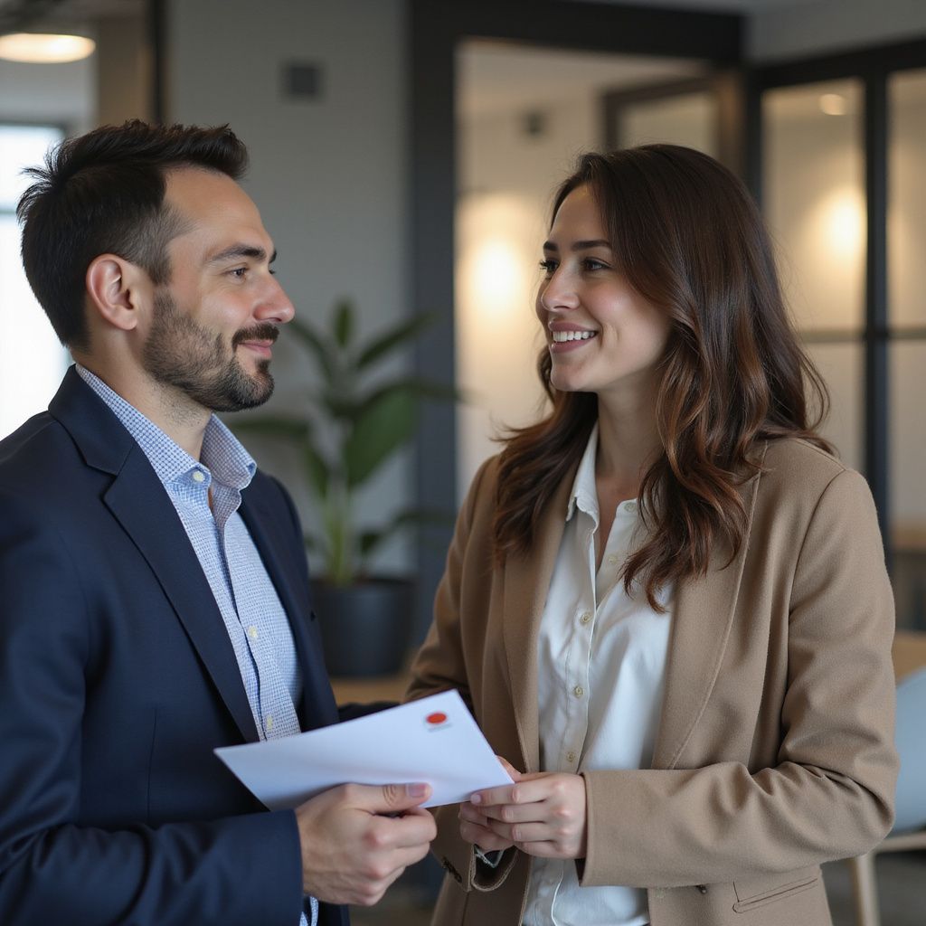 Woman and man in an office setting smiling at each other. The man holds papers with a red stamp.