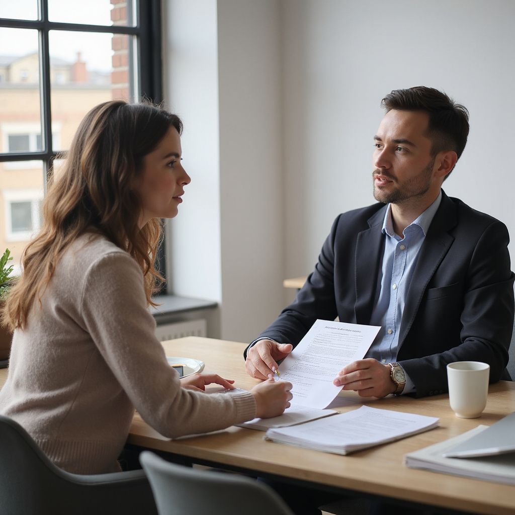 A woman and a man sit at a desk, reviewing papers, in an office.