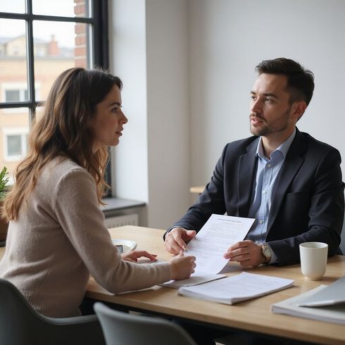 A woman and a man sit at a desk, reviewing papers, in an office.