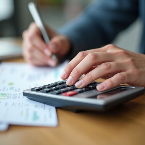 Hands using calculator, writing on paper, office setting.