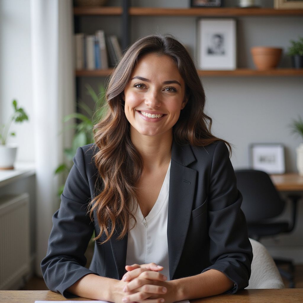 Woman in black blazer smiles at the camera, arms clasped. Sitting at a desk in an office.